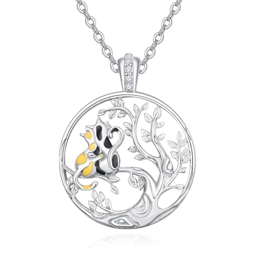 KINGWHYTE Katze Halsketten für Frauen 925 Sterling Silber Baum des Lebens Halskette Katze Halsketten Familie Baum Halskette Baum des Lebens Geschenke Katze Schmuck für Damen von KINGWHYTE