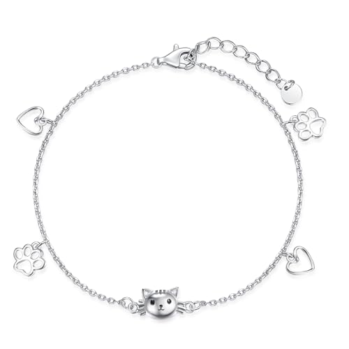 KINGWHYTE Katzen Armband für Frauen 925 Sterling Silber Kätzchen Armband mit Pfotenabdruck & Herz einstellbare Charme Armbänder Tierschmuck Geschenke für Katzenliebhaber von KINGWHYTE