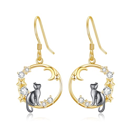 KINGWHYTE Katzenohrringe 925 Sterling Silber Mond und Stern Ohrringe Gold Niedliche Ohrringe Tierische Geschenke Katzenschmuck für Frauen Mädchen Damen von KINGWHYTE