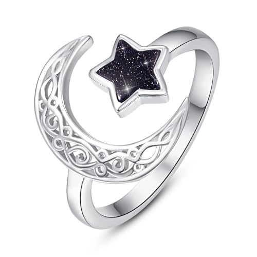 KINGWHYTE Keltischer Knoten Ring 925 Sterling Silber Mond und Stern Ring für Frauen Celtic Adjustable Ringe Schmuck Geschenk für Mädchen Mama Großmutter Freundin von KINGWHYTE