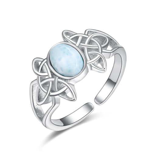 KINGWHYTE Keltischer Ring für Frauen 925 Sterling Silber Larimar Ring Natürliche Edelsteine Offener Ring Blauer Stein Schmuck Geschenk für Frauen Mädchen Mama von KINGWHYTE