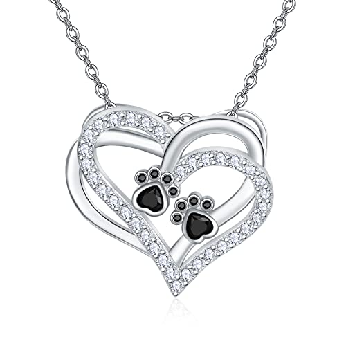 KINGWHYTE Kette Herz Damen, Halskette 925 Sterling Silber Anhänger Hund Pfote Print Schmuck mit Zirkonia Geschenk für Frauen Mädchen Tochter von KINGWHYTE