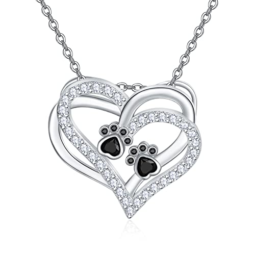KINGWHYTE Pfotenabdruck Kette Herz Damen 925 Sterling Silber Hund Pfotenabdruck Anhänger Halskette Schmuck mit Zirkonia Geschenk für Frauen Mädchen Tochter von KINGWHYTE