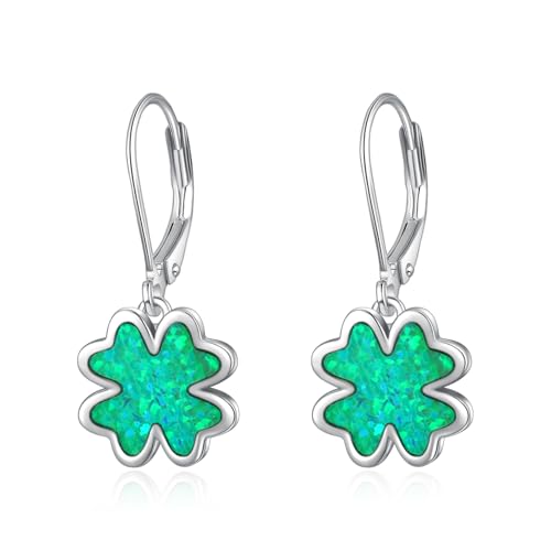 KINGWHYTE Kleeblatt Ohrringe 925 Sterling Silber Opal Vierblättrige Klee Ohrhaenger Grüner Opal Kleeblatt-Ohrringe Hängend Irischer Schmuck St Patricks Day Geschenk Für Frauen Mädchen von KINGWHYTE
