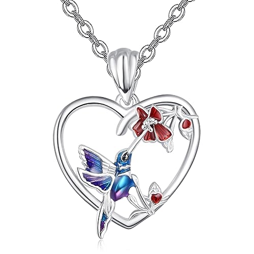 KINGWHYTE Kolibri Halskette für Frauen 925 Sterling Silber Vogel Blumen Halskette Herz Anhänger Kette Viel Glück Schmuck Geschenke für Damen Mädchen von KINGWHYTE