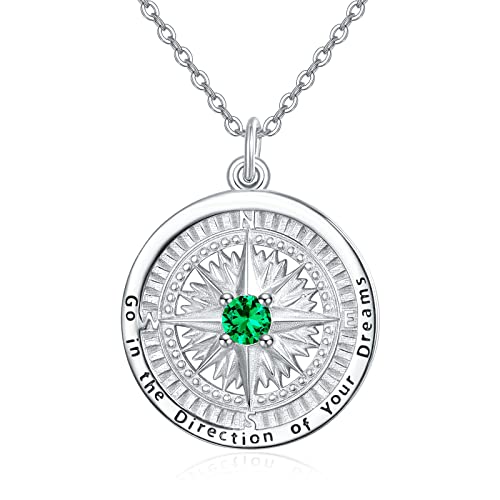 KINGWHYTE Kompass Halskette 925 Sterling Silber Geburtsstein Anhänger Go in the direction of your dream Compass Schmuck Hochzeit Jahrestag Abschluss Geschenke für Frauen Frau Freundin von KINGWHYTE