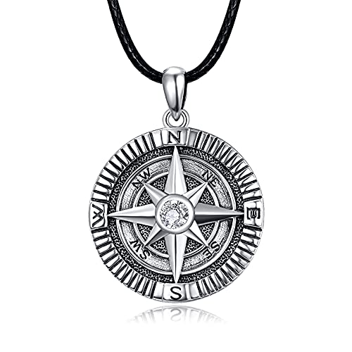 KINGWHYTE Kompass Halskette 925 Sterling Silber Herren Schmuck Anhänger Halskette schwarz Halskette für Männer Jungen mit Lederseil Länge (50 cm) von KINGWHYTE