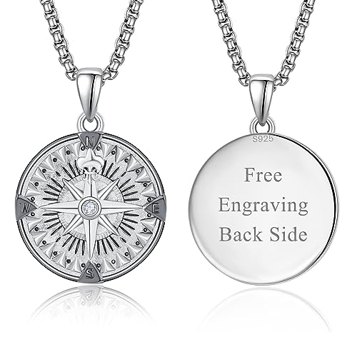 KINGWHYTE Kompass Halskette 925 Sterling Silber Inspirationsschmuck Graduierungsgeschenke für Männer Junge mit Edelstahl Perlenkette(Graviert) von KINGWHYTE
