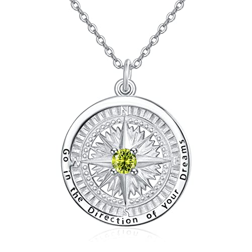 KINGWHYTE Kompass-Halskette mit Geburtsstein-Anhänger aus 925 Sterling Silber, Gehen Sie in die Richtung Ihres Traums, Kompass-Schmuck, Abschlussgeschenke für Frauen, Ehefrau, Freundin(August) von KINGWHYTE