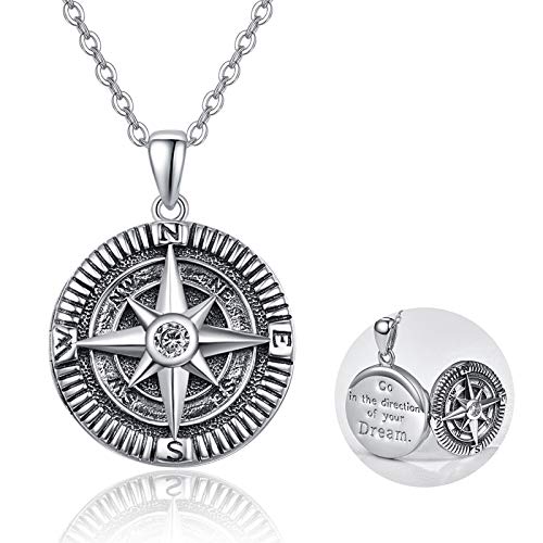 KINGWHYTE Kompass Medaillon Halskette, die halten Bild 925 Sterling Silber Go in the Directon of Your Dream Kompass Foto Anhänger Graduierung Schmuck Geschenke für Männer von KINGWHYTE