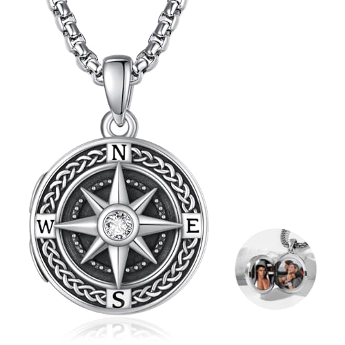 KINGWHYTE Kompass Medaillon Kette S925 Sterling Silber Keltischen Kompass Foto Anhänger, die Bilder Oxidiert Retro Schmuck Geburtstag Reisen Graduierung Geschenke für Männer Frauen halten von KINGWHYTE