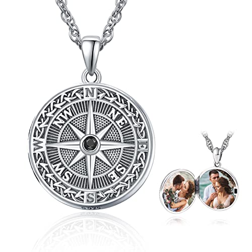 KINGWHYTE Kompass Medaillon Halskette, die Bilder halten 925 Sterling Silber oxidiert Retro keltischen Kompass Foto Anhänger Geburtstag Schmuck Graduierung Geschenke für Männer Frauen von KINGWHYTE