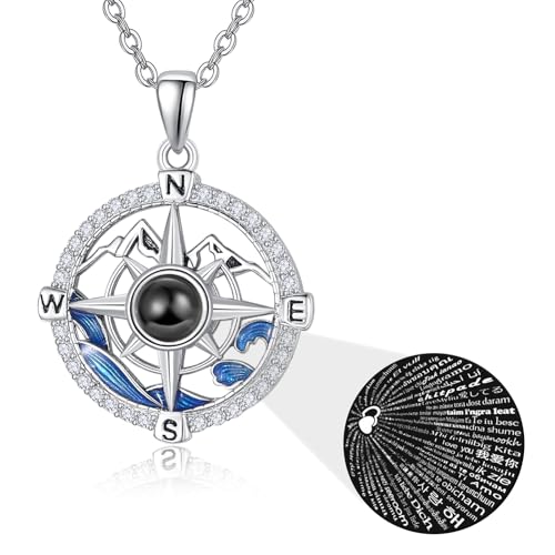 KINGWHYTE Kompass Projektionskette aus 925 Sterlingsilber „Ich liebe dich“ Kette in 100 Sprachen Mit nautischem Kompass Anhänger Inspirierender Schmuck Reisegeschenke für Frauen und Männer von KINGWHYTE