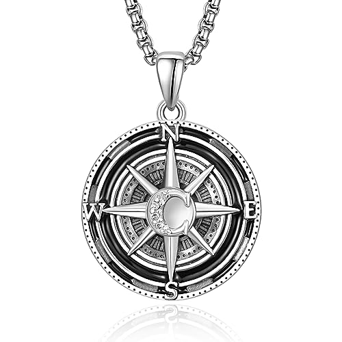 KINGWHYTE Kompass Anhänger für Männer 925 Sterling Silber Kompass Schmuck Graduierung Geschenk Halskette für Freunde, Geburtstag Jahrestag Schmuck Geschenke für Männer Ehemann Junge(Initial C) von KINGWHYTE