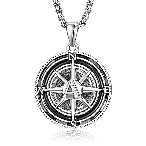 KINGWHYTE Kompass Anhänger für Männer 925 Sterling Silber Kompass Schmuck Graduierung Geschenk Halskette für Freunde, Geburtstag Jahrestag Schmuck Geschenke für Männer Ehemann Junge(Initial A) von KINGWHYTE
