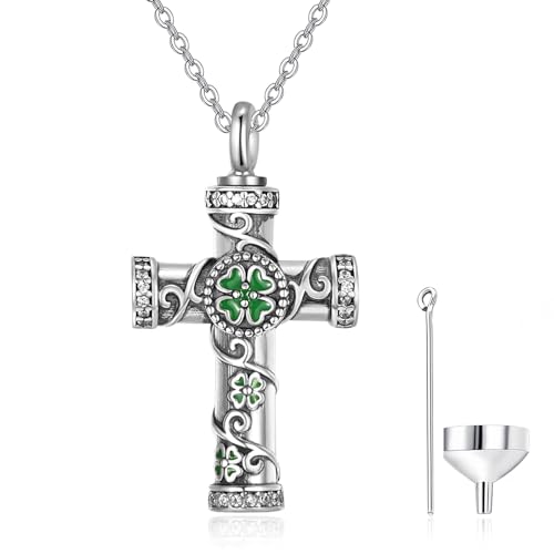 KINGWHYTE Kreuz Asche Kette 925 Sterling Silber Einäscherung Halskette Vierblättriges Kleeblatt Kette Klee Asche Andenken Urne Christlicher Schmuck für Frauen Männer von KINGWHYTE