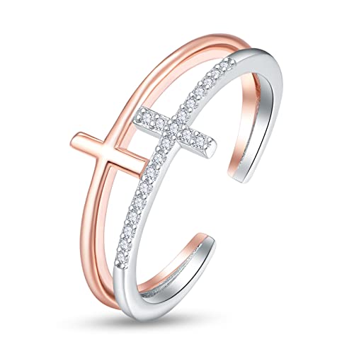 KINGWHYTE Kreuz Ringe 925 Sterling Silber Doppelschicht Kreuz Offener Ring Verstellbar Rosegold Ring Hochzeit Valentinstag Schmuck Geschenk für Frauen Mädchen KINGWHYTE Kreuz Ringe 925 Sterling Silber Doppelschicht Kreuz Offener Ring Verstellbar Rosegold Ring Hochzeit Valentinstag Schmuck Geschenk für Frauen Mädchen von KINGWHYTE