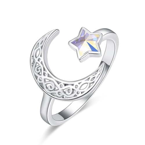 KINGWHYTE Mond Ring Stern Ring 925 Sterling Sliver Mond Stern Farbe Edelstein Ring Kristall Stern Ringe Keltischer Schmuck Geburtstagsgeschenke für Frauen Mädchen von KINGWHYTE