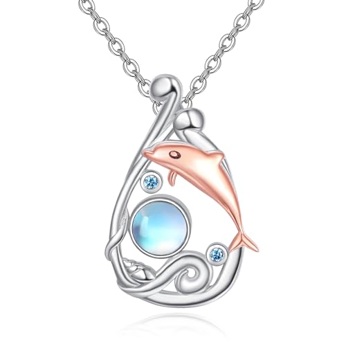 KINGWHYTE Mondstein Halskette 925 Sterling Silber Rose Gold Delphin Halskette Blau Edelstein Halskette Meer Sommer Schmuck Delphin Geschenke für Frauen von KINGWHYTE