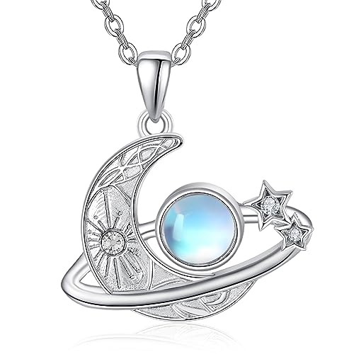 KINGWHYTE Mondstein Halskette für Frauen Mond Halskette 925 Sterling Silber Sonne und Mond Halskette Planet Anhänger Stern Halskette Milchstraße Schmuck Geschenke für Frauen Mädchen Freunde von KINGWHYTE