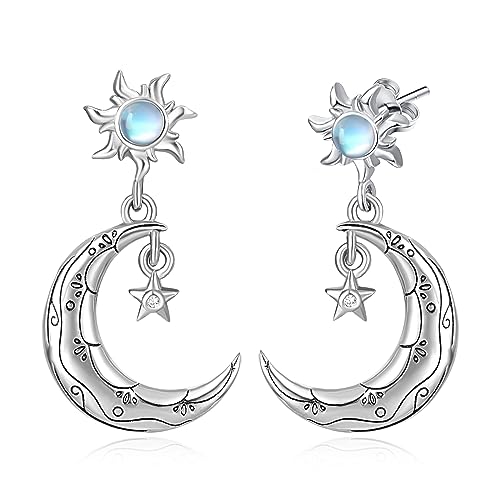 KINGWHYTE Mondstein Ohrringe Mond Ohrringe 925 Sterling Silber Sonnen und Stern Ohrringe Mondstein Sonnen Tropfen Ohrringe Schmuck Geschenke für Frauen Freundinnen von KINGWHYTE