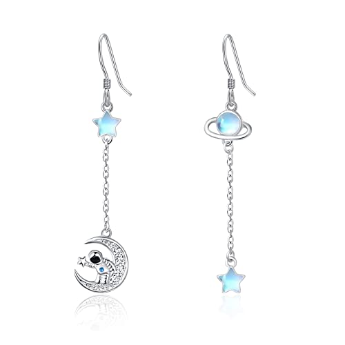 KINGWHYTE Mondstein Ohrringe S925 Sterling Silber Milchstraße Astronaut Planetarische und Mond Ohrhaenger Stern Tropfen Ohrringe Hängend Schmuck Geschenke von KINGWHYTE