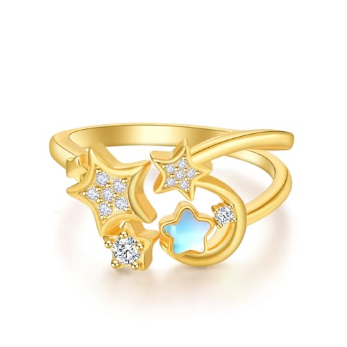 KINGWHYTE Mondstein Ring 925 Sterling Silber Mond Stern Ring Edelstein Daumen Ringe Verstellbare Finger Ring für Frauen Goldschmuck Geburtstagsgeschenke für Damen Mama Mädchen von KINGWHYTE