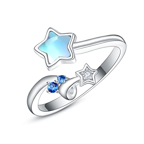 KINGWHYTE Mondstein Stern Ring für Damen, 925 Sterling Silber Stern Zirkonia Offener Ringe, Frauen Verstellbarer Ringe mit Blauer Zirkon Schmuck Geschenk von KINGWHYTE