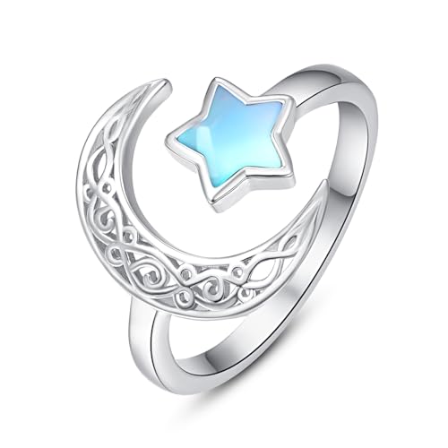 KINGWHYTE Mondstein Ring 925 Sterling Silber keltische Ringe für Frauen Mond Stern einstellbar Ring Schmuck Geburtstag Geschenke für Frauen Mädchen Damen Mama Schwester von KINGWHYTE