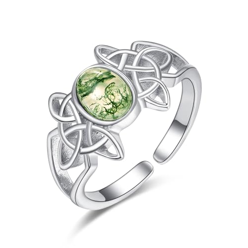 KINGWHYTE Moosachat Ring 925 Sterling Silber Keltische Fingerringe für Frauen Grüner Daumenring Natürlicher Moosachat Schmuck für Frauen Mädchen Damen von KINGWHYTE