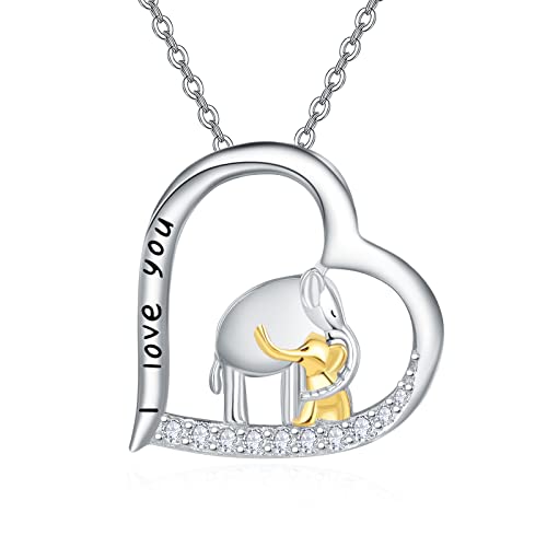 KINGWHYTE Mutter Tochter Halskette Damen Silber 925 Elefant Halskette Herz Anhänger Kette mit Gravur 'I love you' Muttertags Schmuck Geschenk für Frauen von KINGWHYTE
