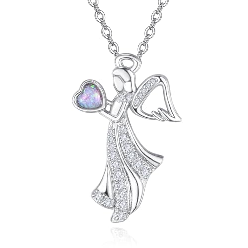 KINGWHYTE Opal Halskette 925 Sterling Silber Engel Flügel Halskette Schutzengel Schmuck Geburtstag Geschenke für Frauen Mädchen Damen von KINGWHYTE