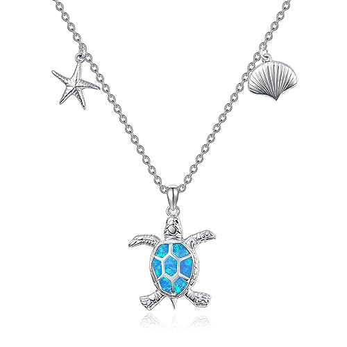 KINGWHYTE Opal Schildkröte Halskette 925 Sterling Silber Schildkröte Anhänger mit Seestern Shell Kette Tier Halskette Meeresschildkröte Schmuck Geschenke für Frauen Frau Mädchen von KINGWHYTE