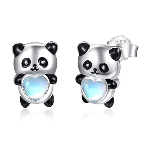 KINGWHYTE Panda Ohrringe für Kinder 925 Sterling Silber Tier Ohrstecker Schmuck mit Herz Mondstein Geschenke für Mädchen Frauen Freundin Tochter von KINGWHYTE