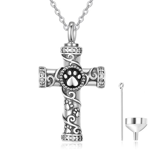 KINGWHYTE Pfotenabdruck Asche Kette 925 Sterling Silber Einäscherung Halskette für Frauen Christlicher Kreuz Kette Hund Einäscherung Schmuck für Hunde Asche Andenken Geschenke für Frauen von KINGWHYTE