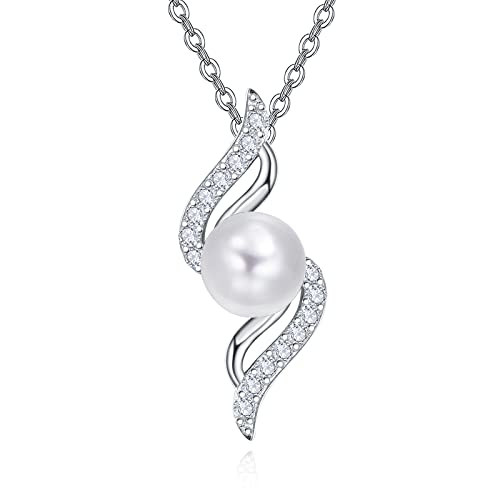 KINGWHYTE Perlen Halskette für Frauen 925 Sterling Silber Kette mit Zirkonia Süßwasserperlen Anhänger Halskette Geburtstag Weihnachten Schmuck Geschenk für Damen Mädchen von KINGWHYTE