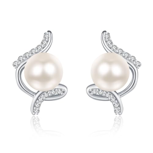KINGWHYTE Perlenohrringe für Frauen 925 Sterling Silber 6mm Süßwasserperlen Ohrstecker Spirale weiße Ohrringe für Frauen Perlenschmuck Geburtstagsgeschenke von KINGWHYTE