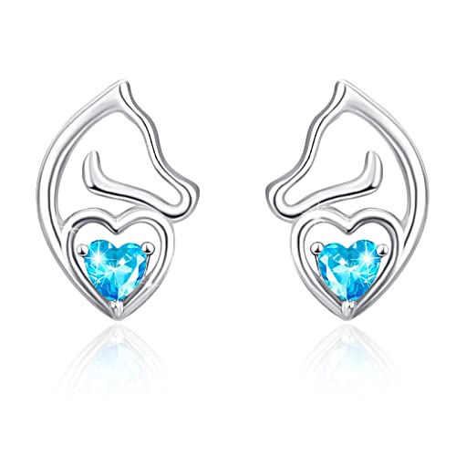 KINGWHYTE Pferd Ohrringe 925 Sterling Silber Pferd Blaues Herz Zirkon Ohrstecker Niedliche Tier Ohrringe Aquamarin Schmuck Geschenke für Tier Liebhaber Frauen Mädchen Freunde von KINGWHYTE