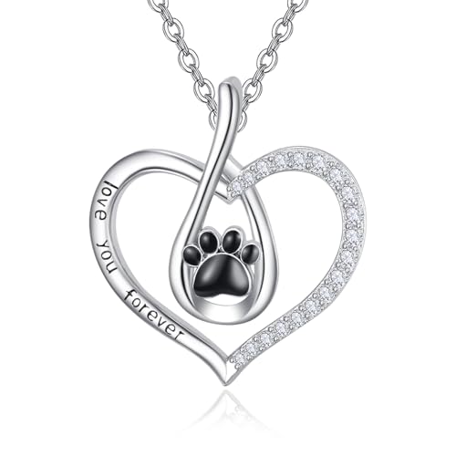 KINGWHYTE Pfote Kette für Frauen 925 Sterlings Silber Cubic Zirkonia Hund Katze Pfote Druck graviert Unendlichkeit Liebe Herz Anhänger Halskette Verstellbare Kette Halskette Schmuck Geschenke von KINGWHYTE