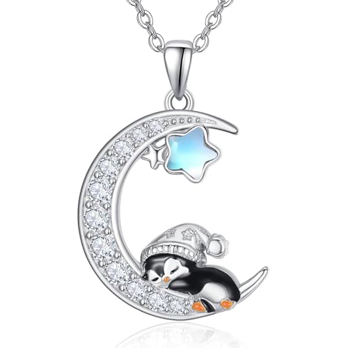 KINGWHYTE Pinguine Halskette 925 Sterling Silber Mond Halskette Niedliche Pinguine Anhänger Halskette mit Mondstein Tierschmuck Geburtstag Weihnachten Geschenke für Frauen von KINGWHYTE