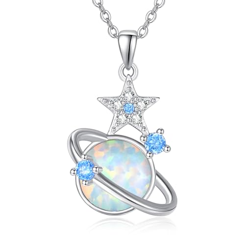 KINGWHYTE Planet Halskette 925 Sterling Silber Weißer Opal-Anhänger Himmlisch Stern Schmuck Geburtstagsgeschenke für Frauen von KINGWHYTE