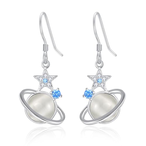 KINGWHYTE Planet Ohrringe 925 Sterling Silber Mond und Stern Ohrringe Opal Katzenauge Stein Stern Ohrringe Milchstraße Schmuck Geschenke für Frauen Mädchen Freunde von KINGWHYTE