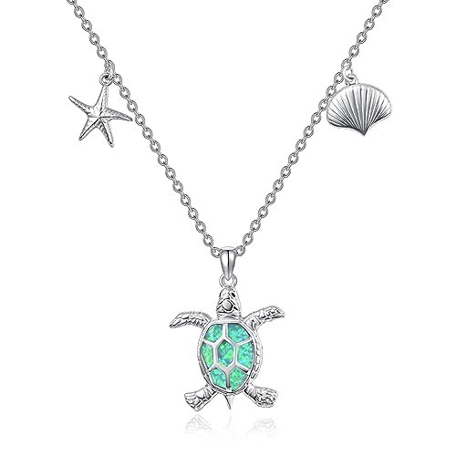 KINGWHYTE Schildkröte Halskette 925 Sterling Silber Opal Schildkröte Halskette mit Seestern Shell Anhänger Geburtstagsgeschenke für Frauen Tochter Mutter Tierliebhaber von KINGWHYTE