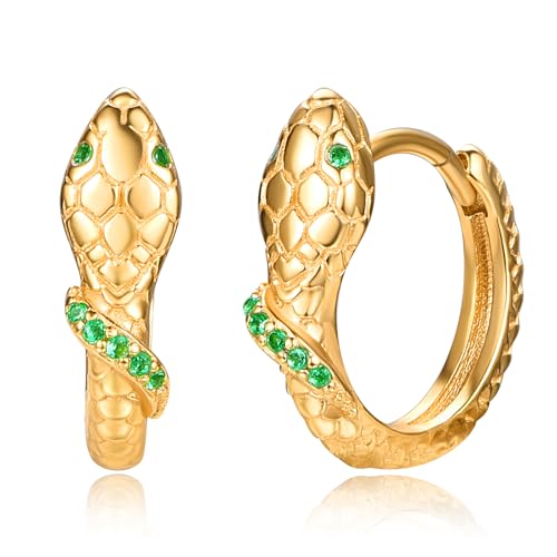 KINGWHYTE Schlange Creolen Ohrringe 925 Sterling Silber Smaragd Auge Knorpel Ohrringe 24K Vergoldet Schläfer Runde Huggie 14mm Creolen Schlange Schmuck Geschenke für Frauen Männer von KINGWHYTE