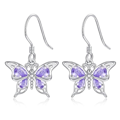 KINGWHYTE Schmetterling Ohrringe für Frauen 925 Sterling Silber Amethyst Schmetterling Ohrringe Lila Kristall Schmuck Geburtstag Geschenk für Frauen Mädchen Mutter Tochter von KINGWHYTE
