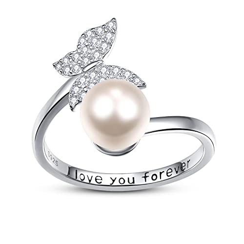 KINGWHYTE Schmetterling Ring 925 Sterling Silber I Love You Forever Perle Schmetterling Ringe Verstellbarer Ring Schmetterling Schmuck Geschenke für Frauen Mädchen von KINGWHYTE