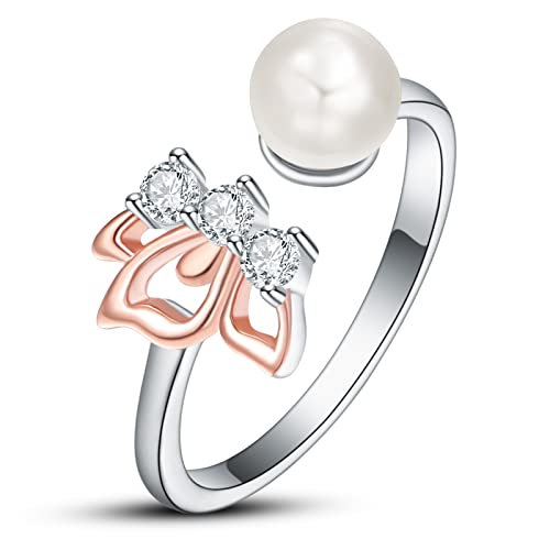 KINGWHYTE Schmetterling Ringe für Frauen 925 Sterling Silber Perlen Offener Ring Verstellbarer Süßwasserperle Ringe Schmuck Geschenke für Mädchen Damen von KINGWHYTE