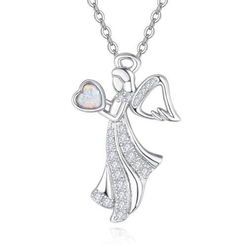 KINGWHYTE Schutzengel Kette 925 Sterling Silber Opal Engelsflügel Halskette Schmuck Geschenke für Frauen Mädchen Tochter Freunde von KINGWHYTE