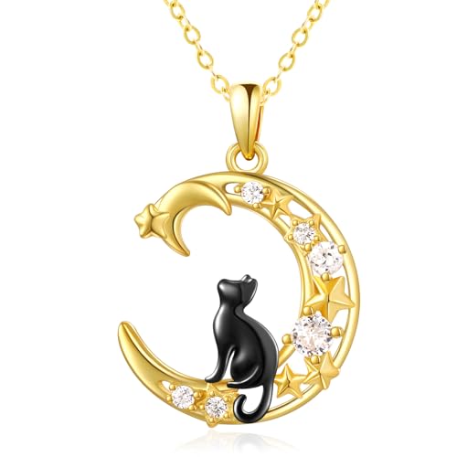 KINGWHYTE Schwarze Katze Halskette 925 Sterling Silber Gold Mond Kätzchen Anhänger Cubic Zirkonia Mond Stern Schmuck Geschenke für Frauen Mädchen Katzenliebhaber von KINGWHYTE