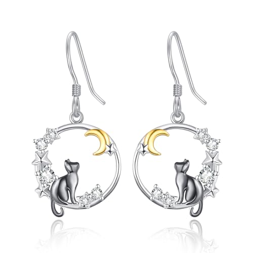 KINGWHYTE Schwarze Katze Ohrringe für Frauen 925 Sterling Silber Mond und Stern Ohrringe Niedliche Tier Ohrringe Baumelnden Katze Schmuck Geschenke für Frauen Mädchen Teenager Damen von KINGWHYTE